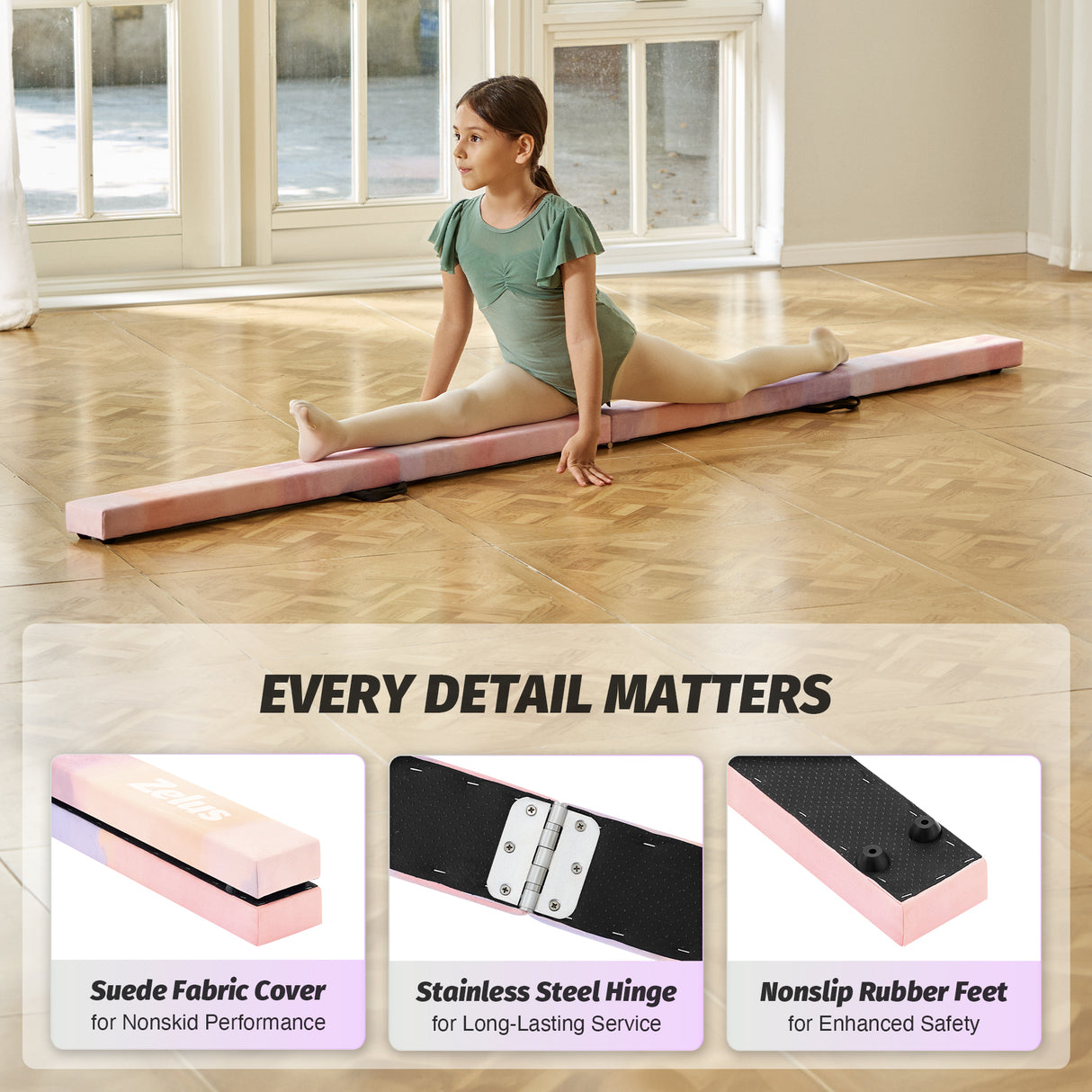8 ft Folding Balance Beam, Foldable Floor Gymnastics Balance Beam Pink Purple