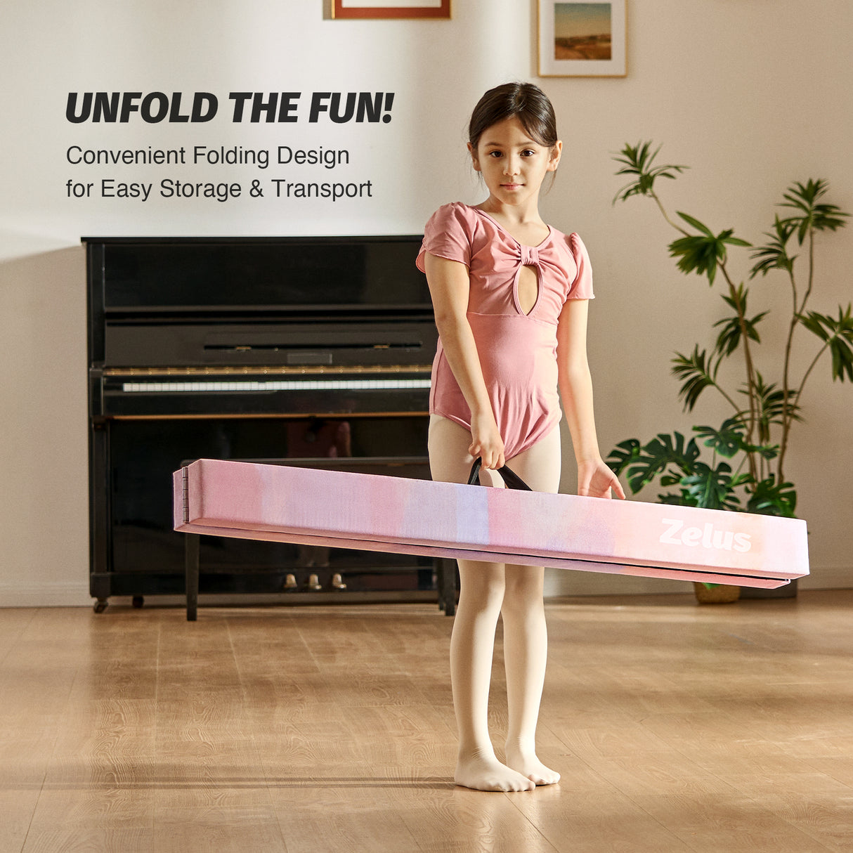 8 ft Folding Balance Beam, Foldable Floor Gymnastics Balance Beam Pink Purple