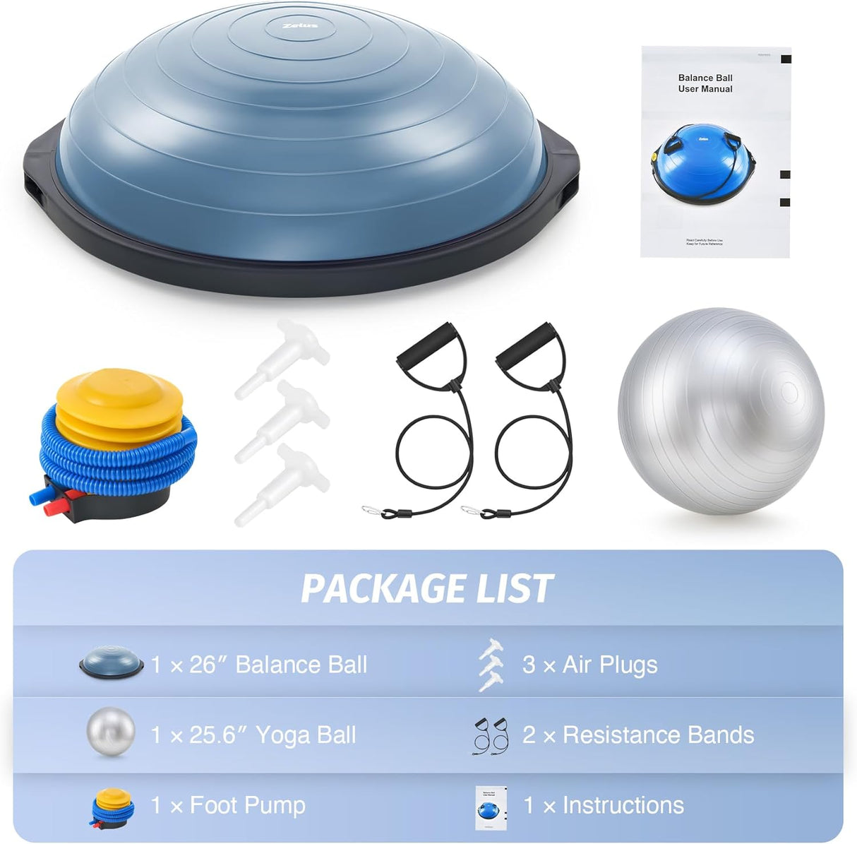 ZELUS 25" Half Balance Ball Trainer | 660lb Capacity Wobble Board with Non-Slip Base | Includes Resistance Bands, Pump & Extra Ball