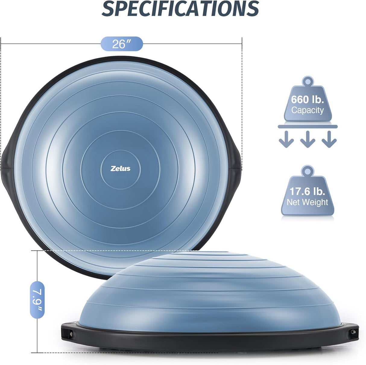 ZELUS 25" Half Balance Ball Trainer | 660lb Capacity Wobble Board with Non-Slip Base | Includes Resistance Bands, Pump & Extra Ball