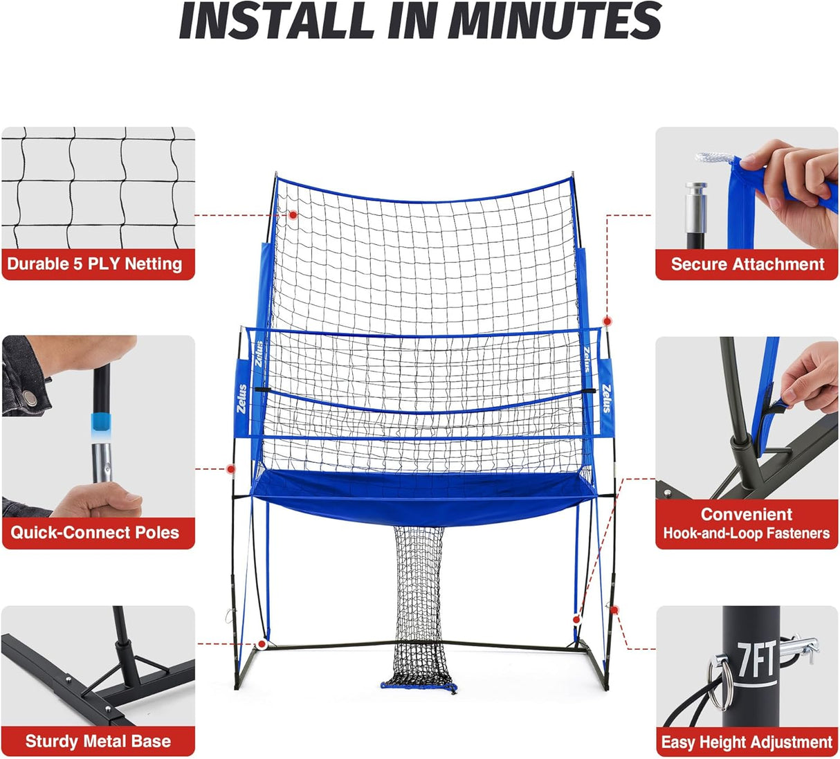 ZELUS Volleyball Practice Net – 11x8 ft Adjustable Station with Ball Return