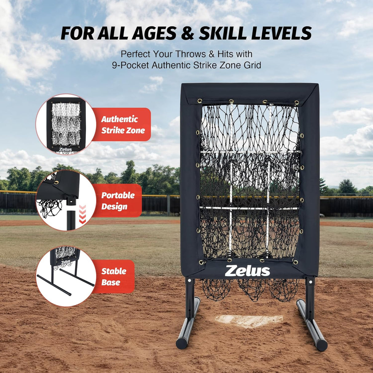 ZELUS 9-Hole Baseball Pitching Net | Adjustable Strike Zone Trainer with Detachable Stand