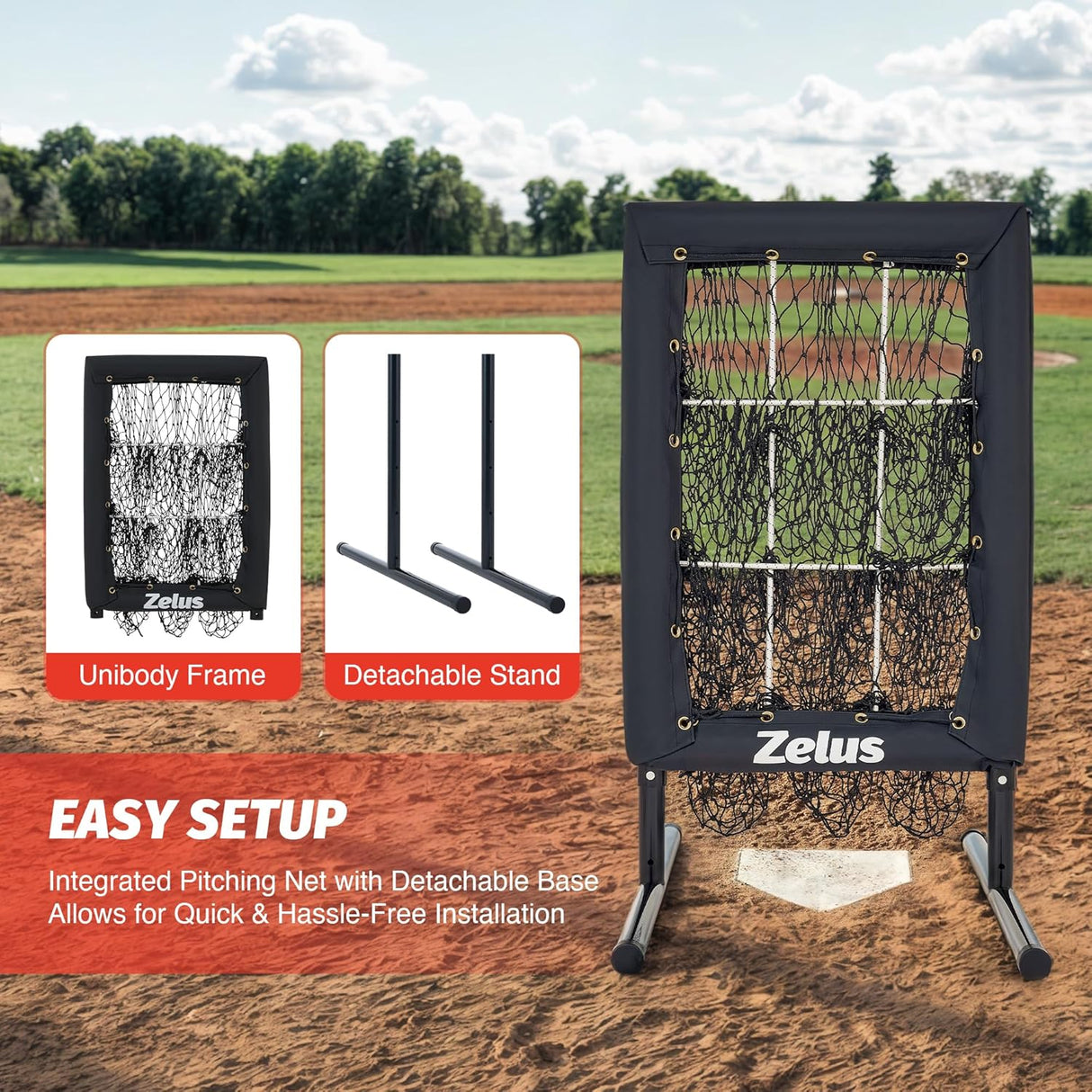 ZELUS 9-Hole Baseball Pitching Net | Adjustable Strike Zone Trainer with Detachable Stand