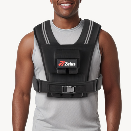 Person wearing a black weight vest with a visible brand logo on a white background