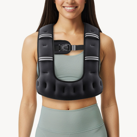Person wearing a black weighted vest over a light gray tank top and leggings on a white background