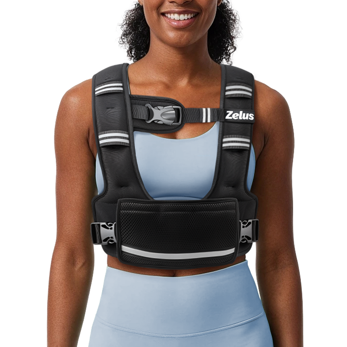 Woman wearing a black Zelus fitness vest on a white background