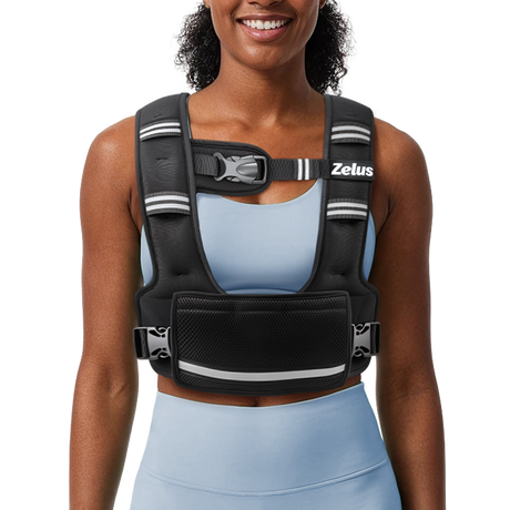 Woman wearing a black Zelus fitness vest on a white background