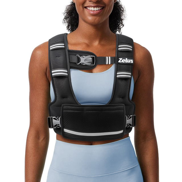 Woman wearing a black Zelus fitness vest on a white background