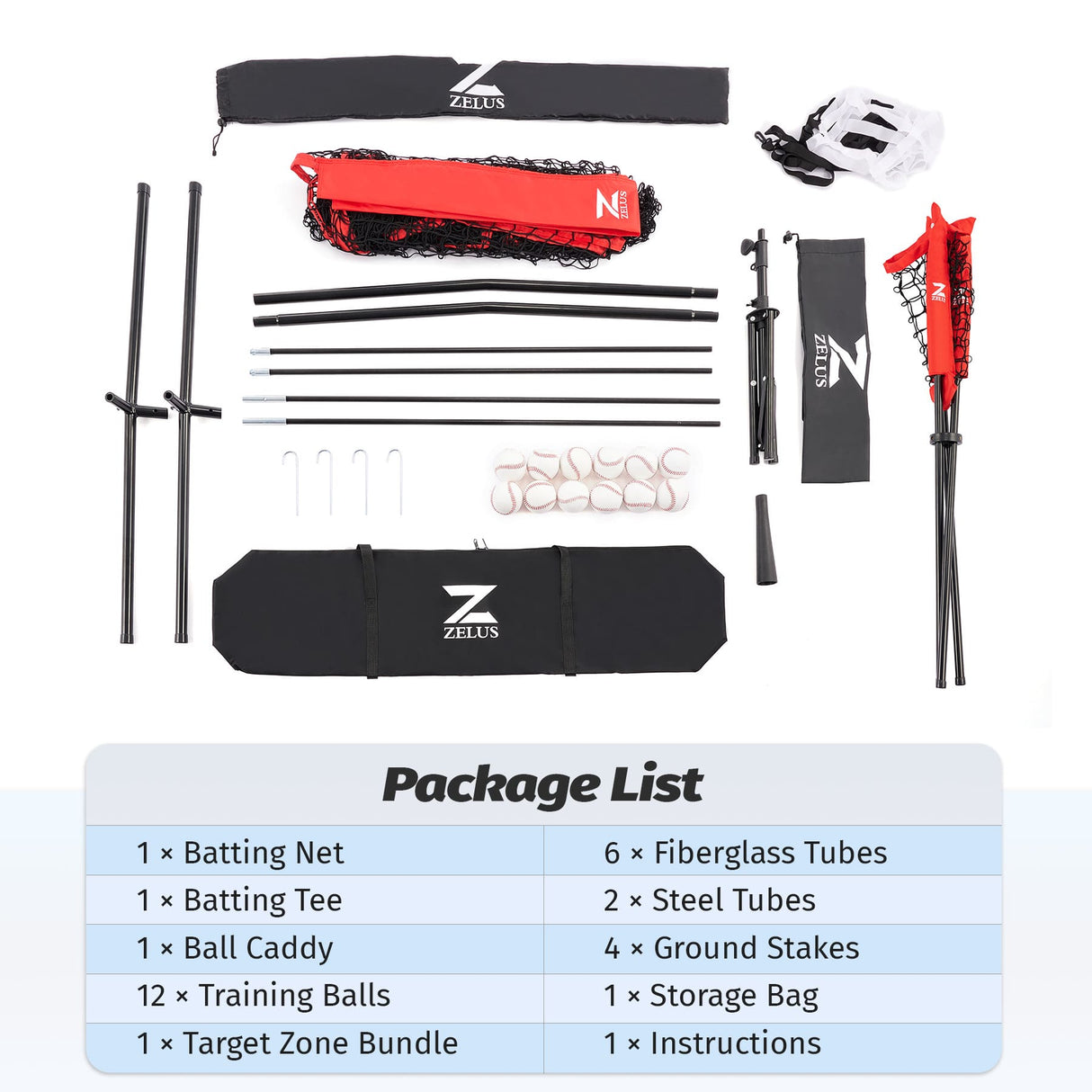 batting net w tee, ball caddy, 12 baseballs