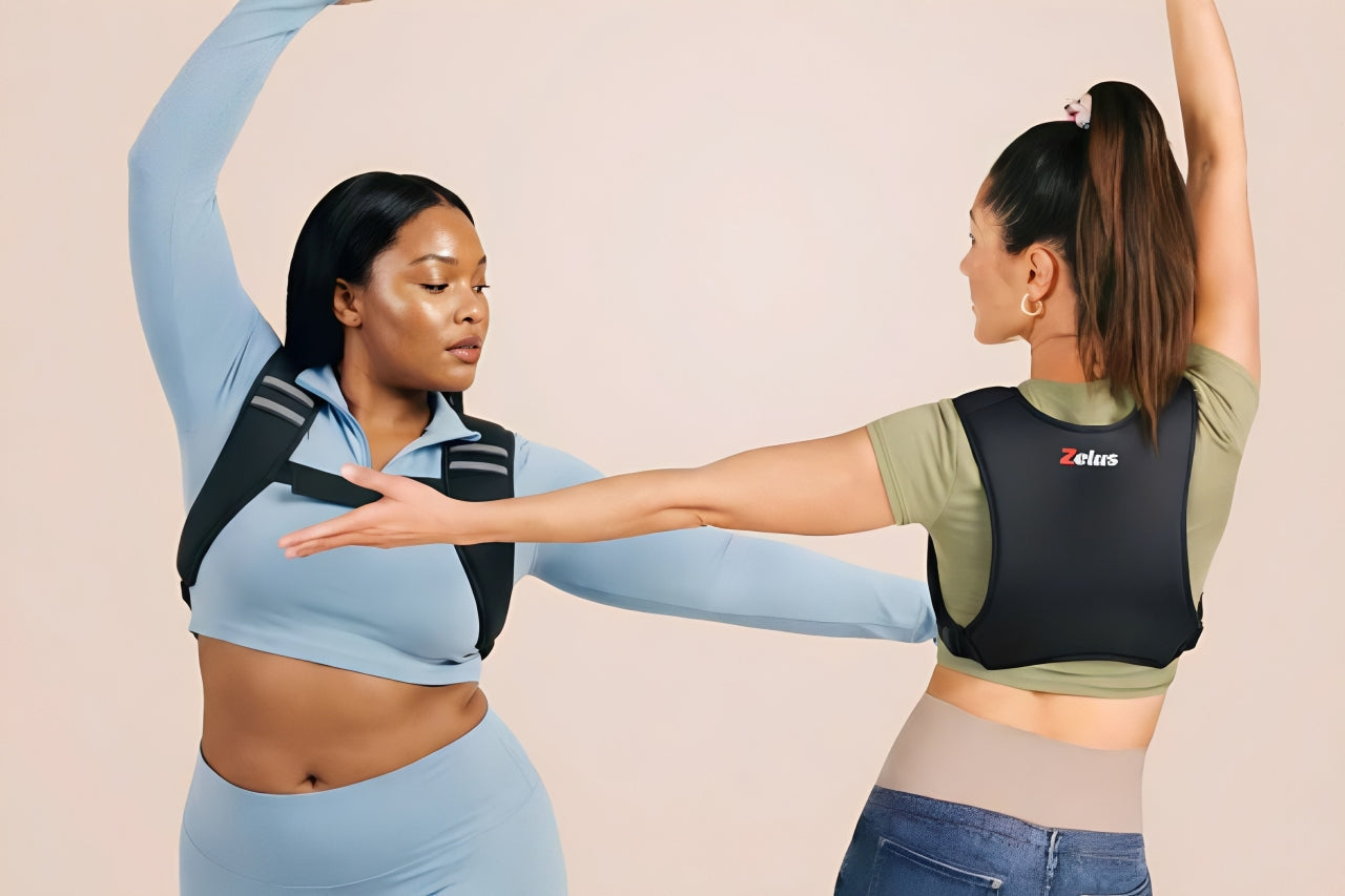 plus sized woman with a weighted vest on working out next to another woman