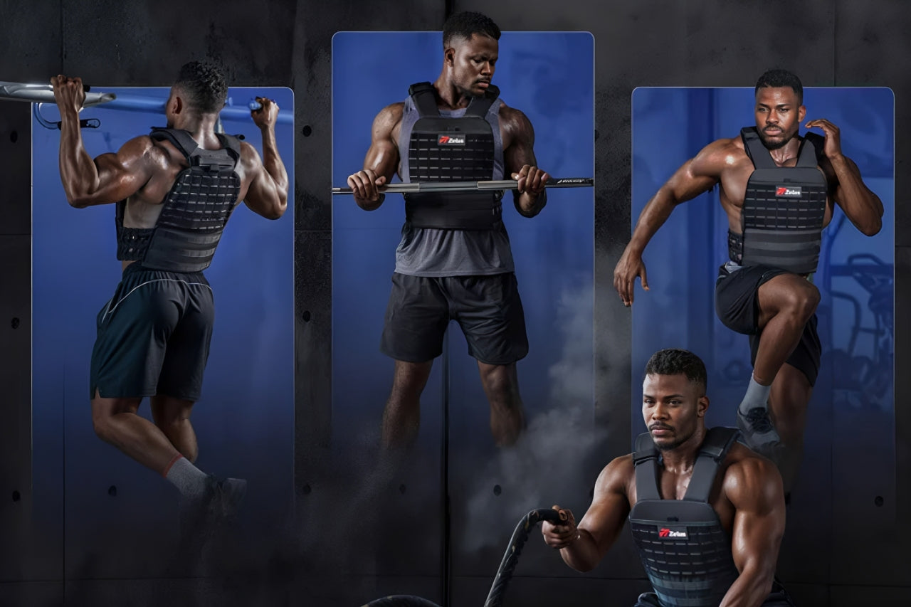 a fit athlete doing pull-ups with a weighted vest