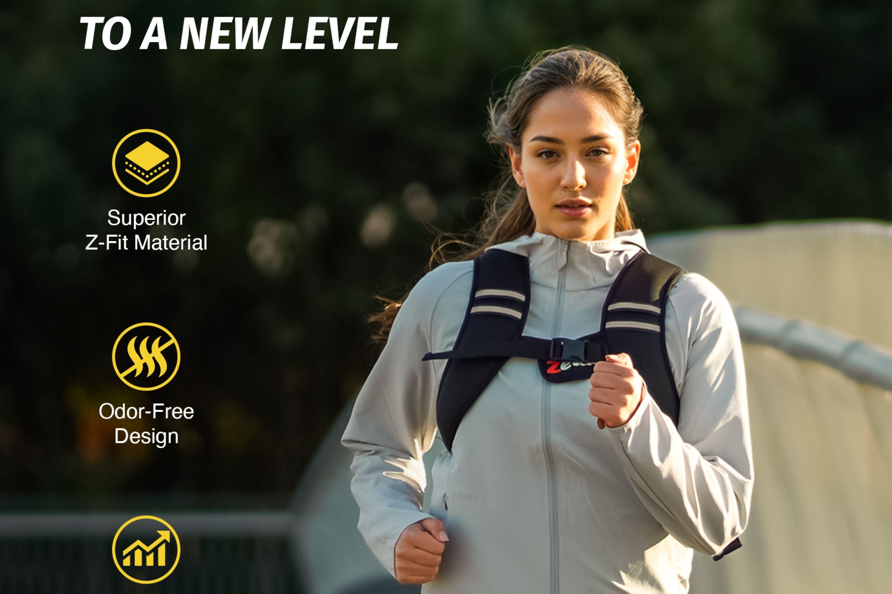 a woman runing with a weighted vest