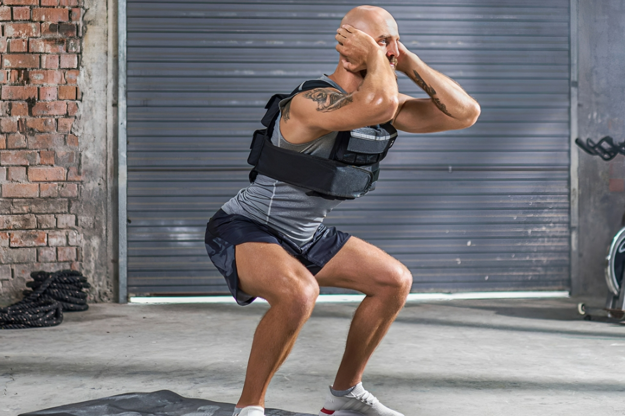 a man squatting with a weighted vest on
