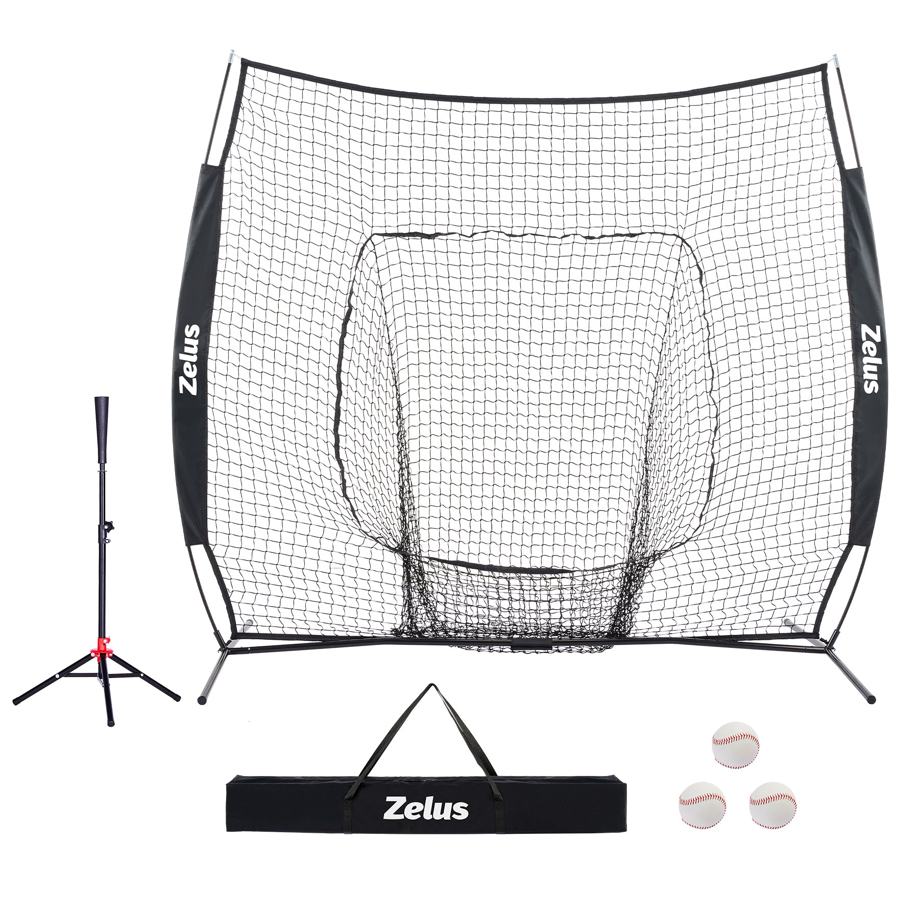 Zelus pitching machine and net system with balls