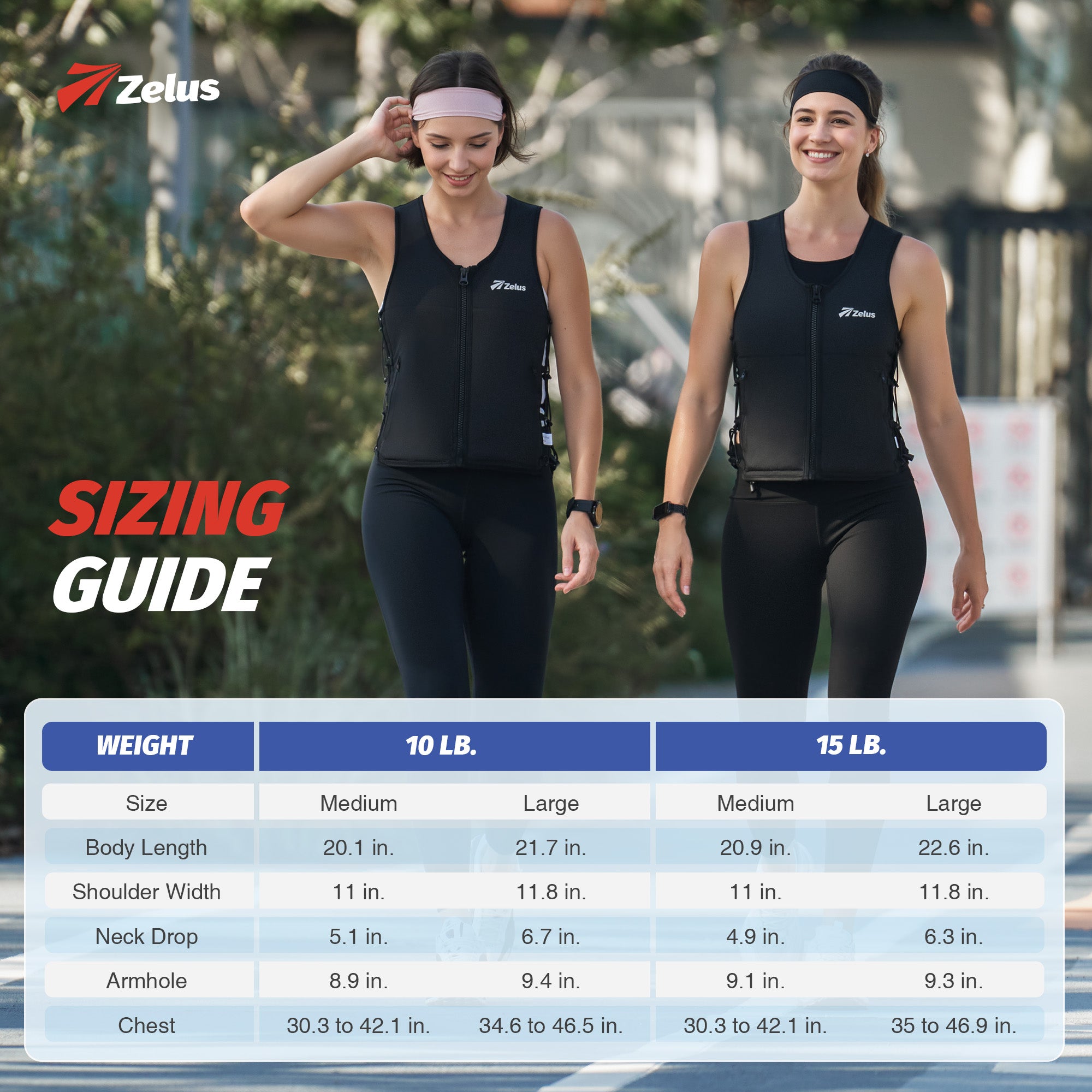 Two women wearing black athletic vests with a sizing guide overlay.