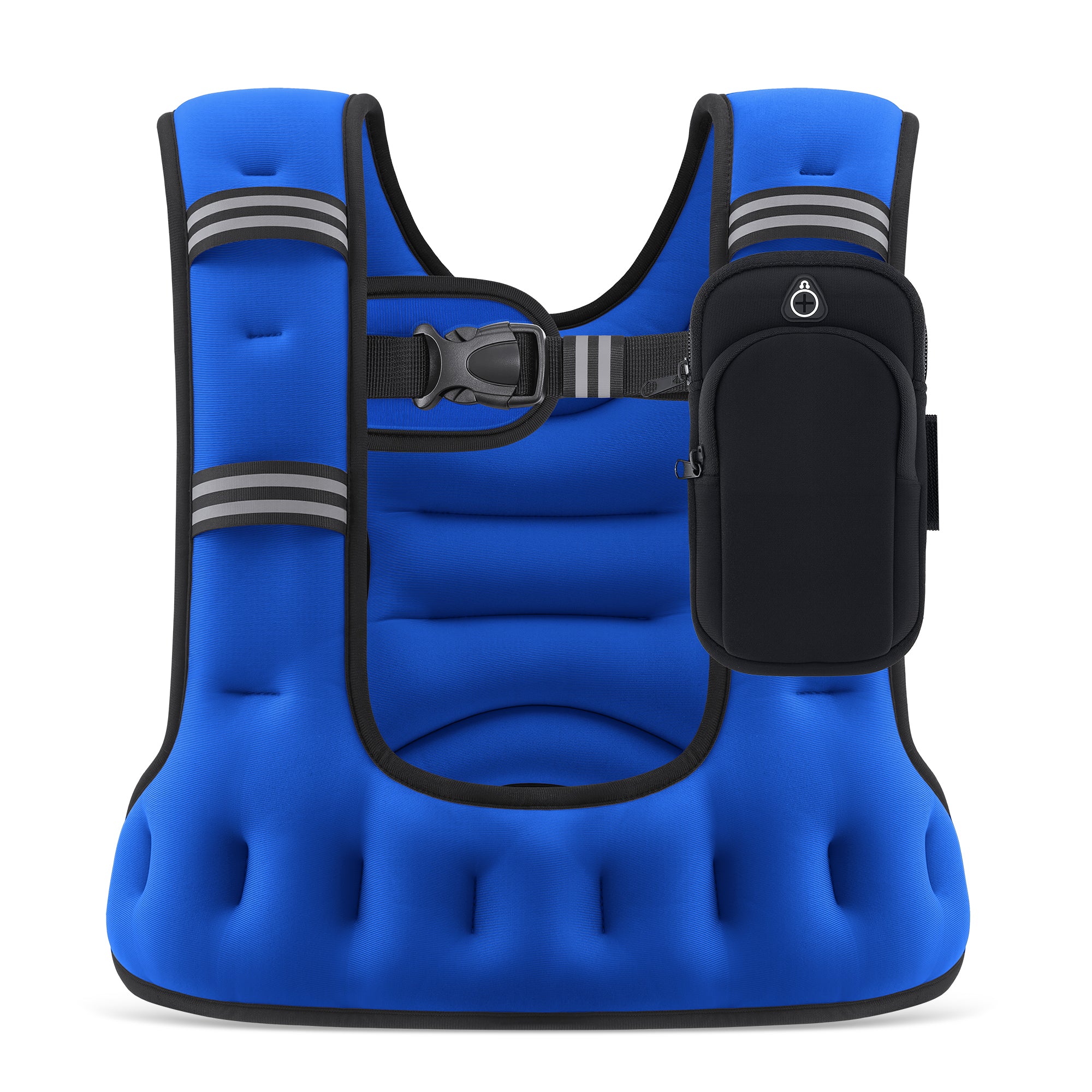 Blue weighted vest with black straps and a pocket on a white background