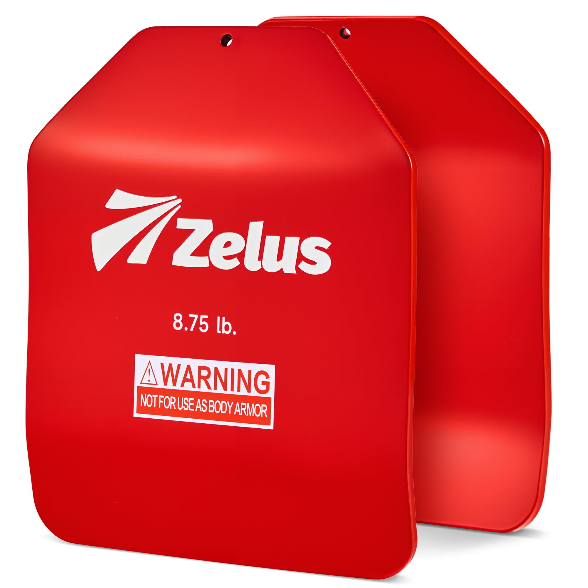 Red body armor piece with Zelus branding and warning label on a white background