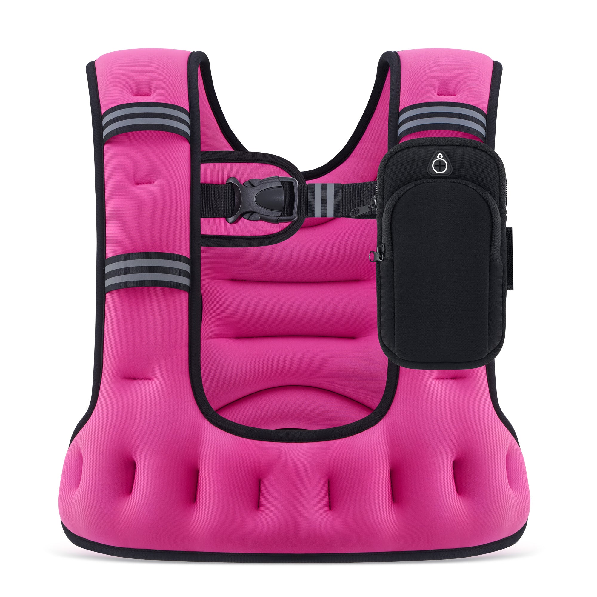 Pink inflatable vest with black straps and pocket on a white background