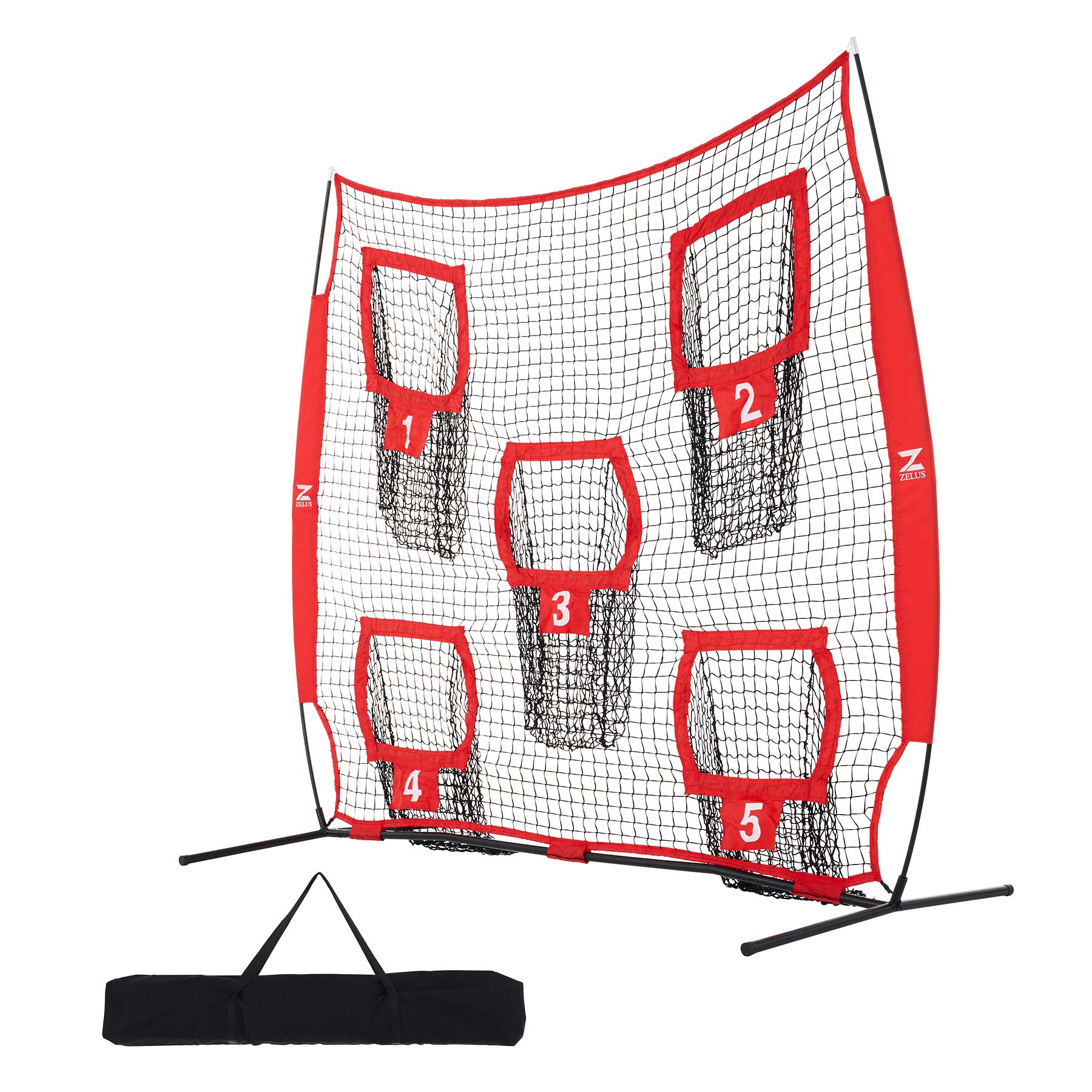 Baseball practice net with numbered targets and carrying bag