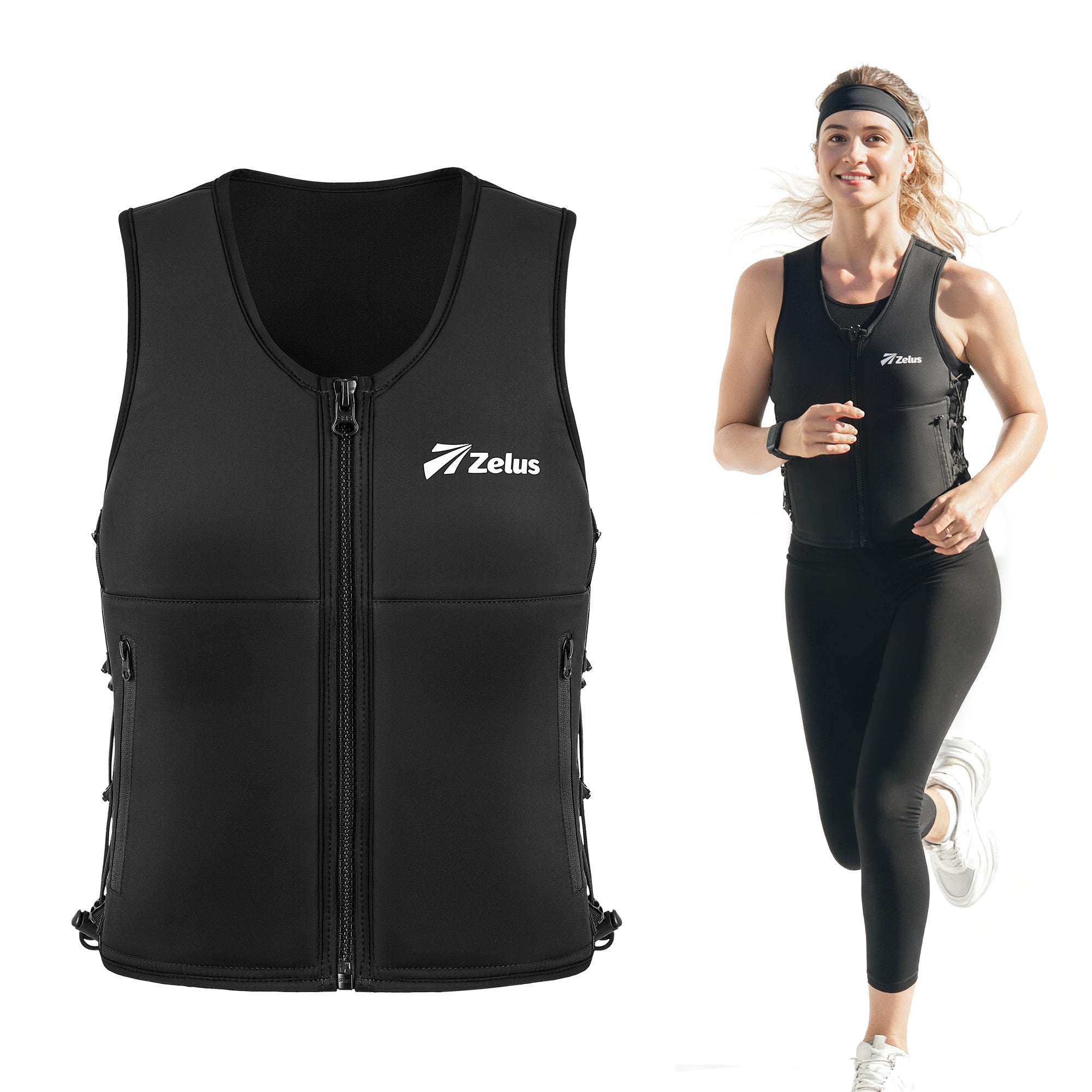 Black heated vest with Zelus logo on a white background