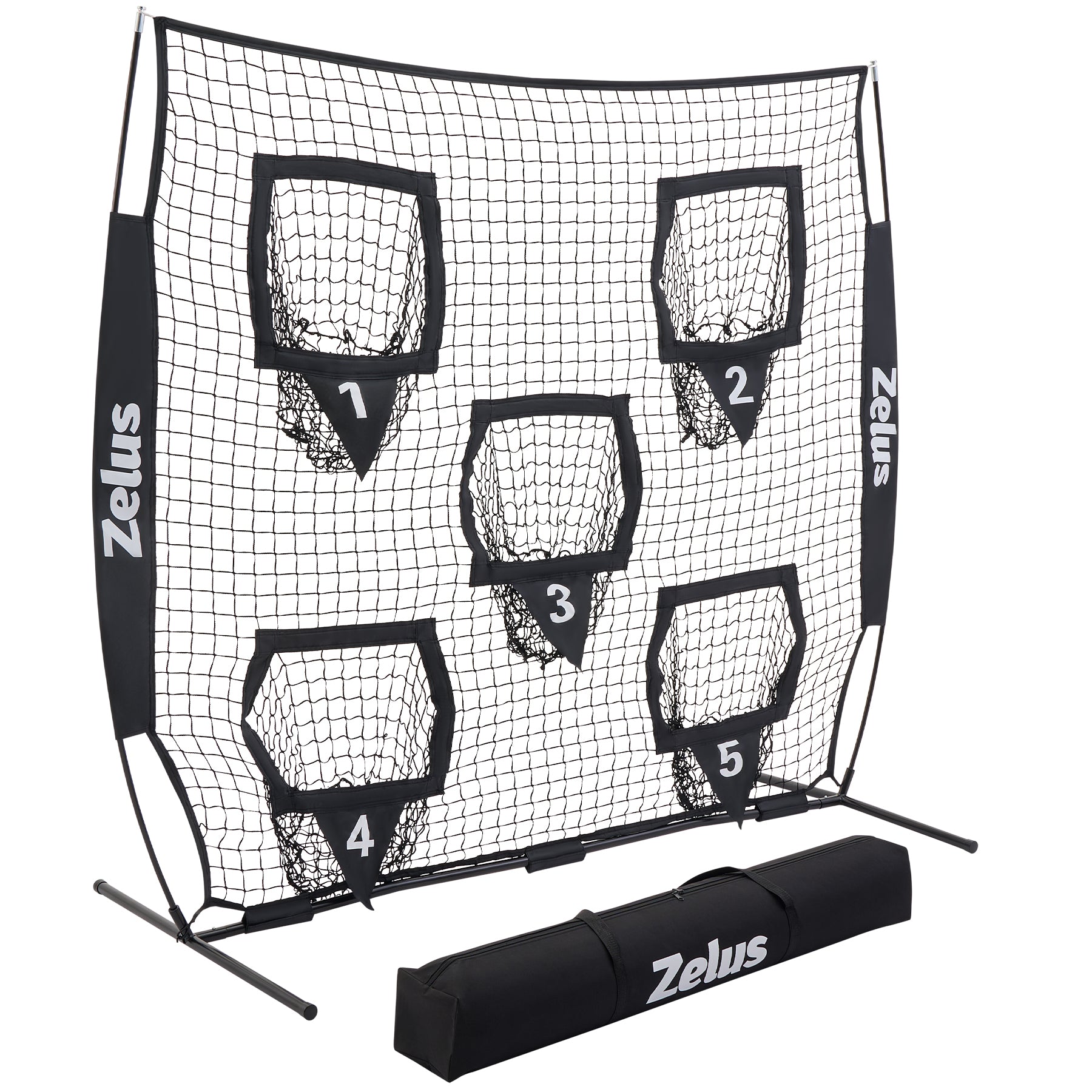 Zelus pitching net with five zones and carrying bag on a white background