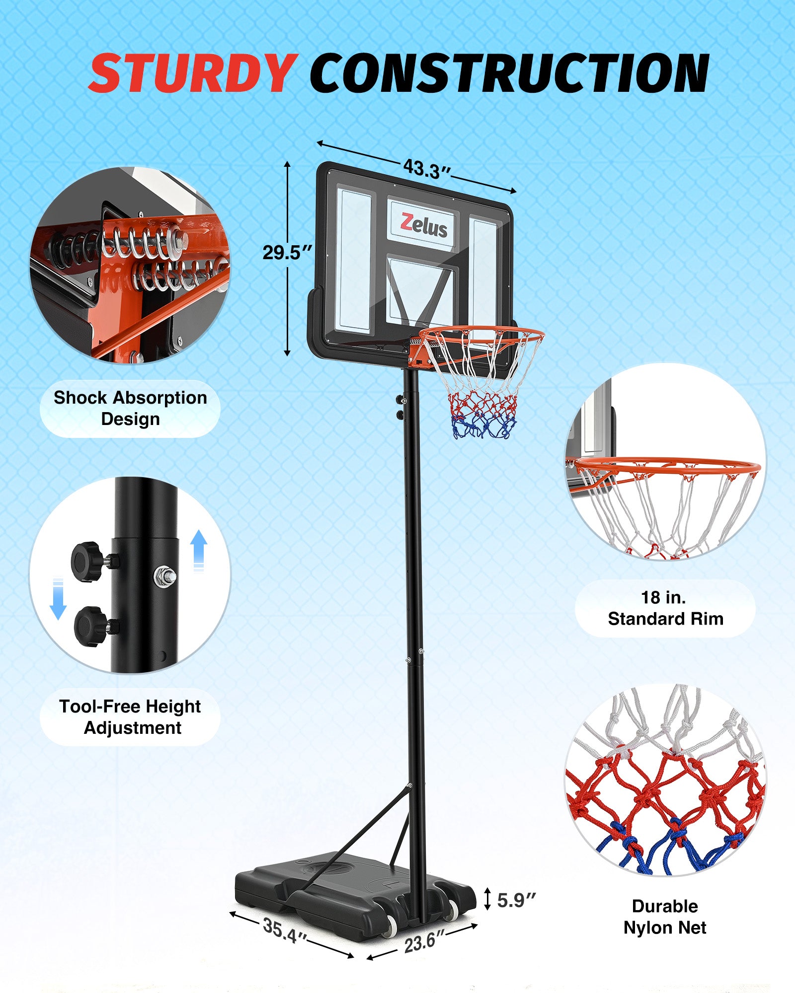4.4 to 10 ft Height Portable Basketball Hoop System with 18 in