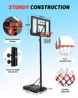 4.4 to 10 ft Height Portable Basketball Hoop System with 18 in Standard Hoop