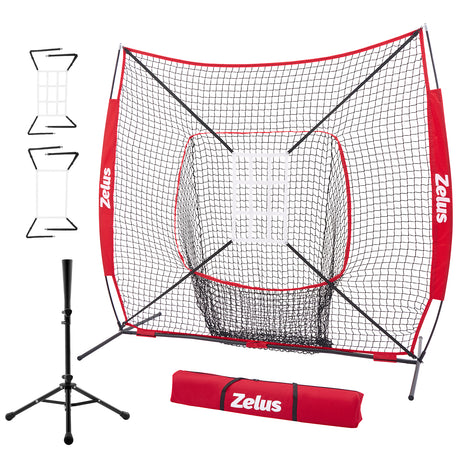 7x7 ft Baseball Net, Hitting and Pitching Net with Adjustable Batting Tee Red