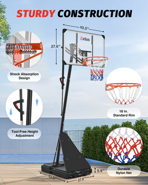 5.5 to 10 ft Height Portable Basketball Hoop System with 18 in Standard Hoop