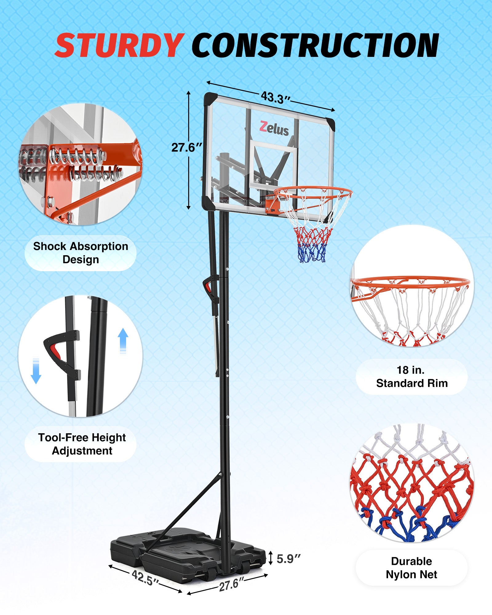 4.9 to 10 ft Height Portable Basketball Hoop System with 18 in