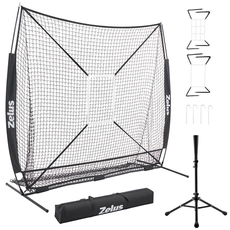 7x7 ft Baseball Net, Hitting and Pitching Net with Batting Tee Black