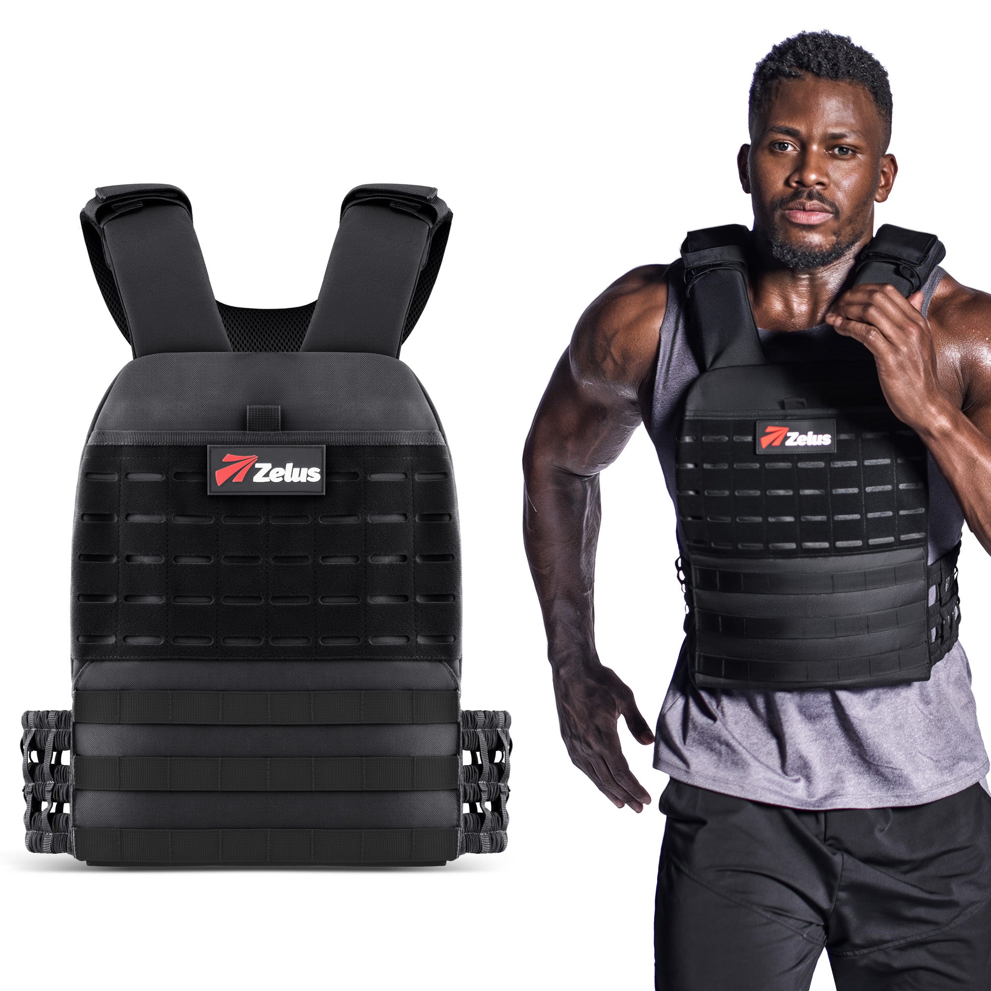 Black weight vest with 'Zelus' logo on a white background, worn by a person.