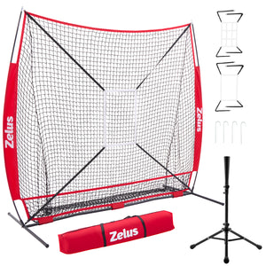 7x7 ft Baseball Net, Hitting and Pitching Net with Batting Tee Red