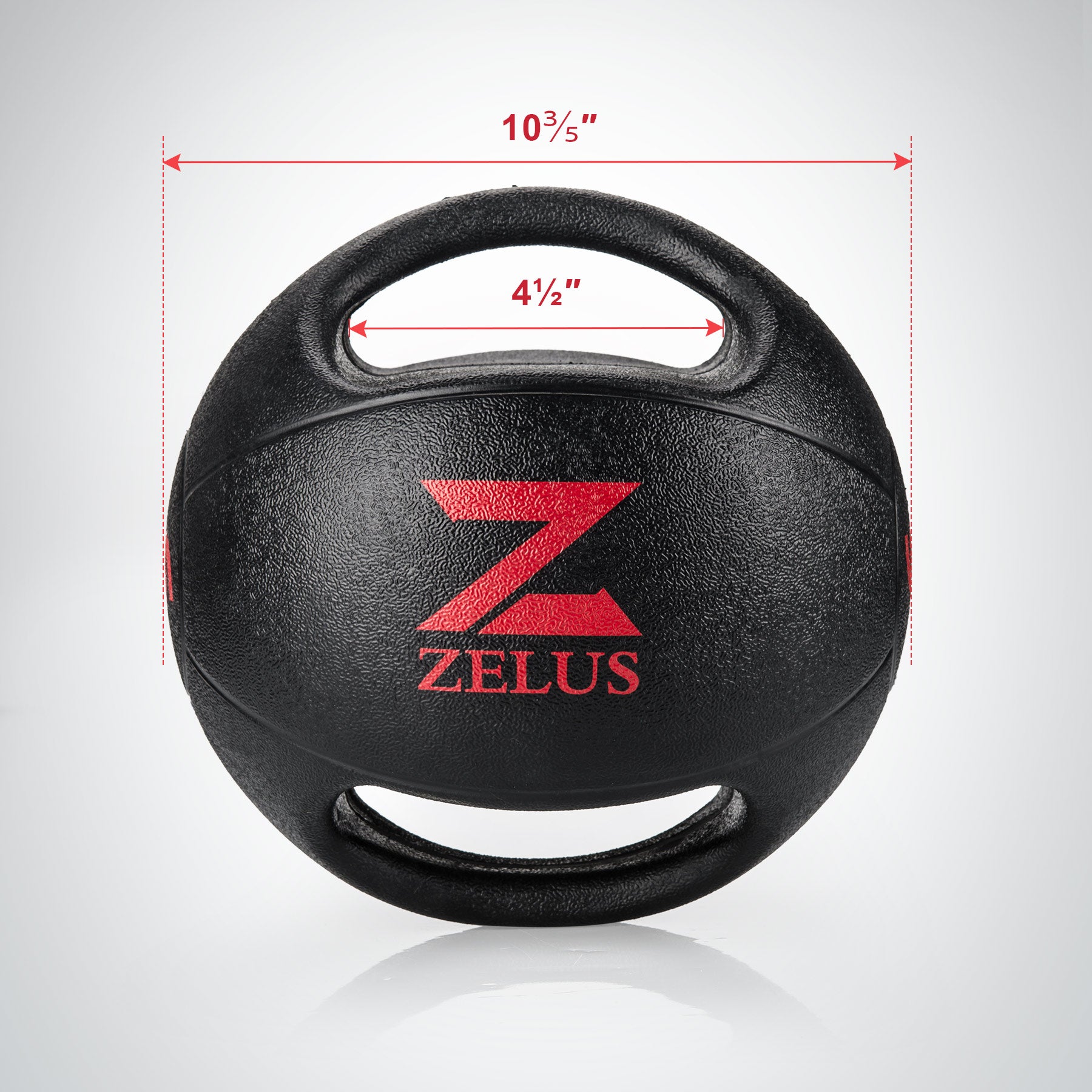 Black ZELUS double-handle medicine ball with red branding