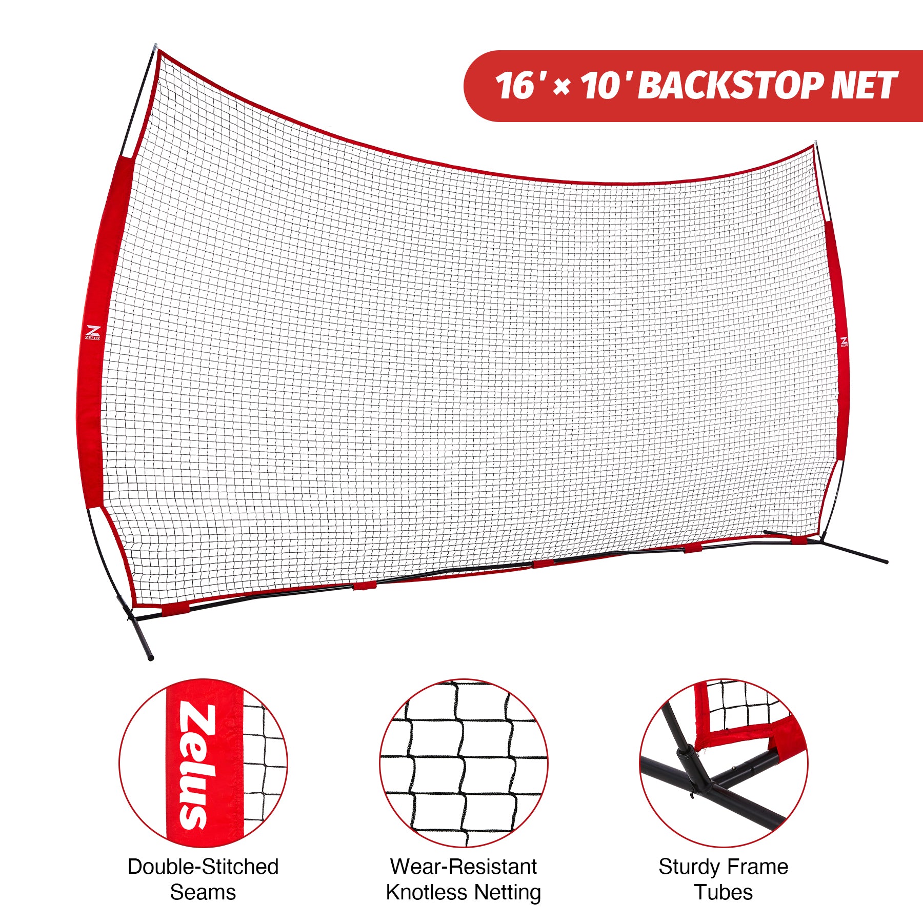 Person standing in front of a large red and black sports net 