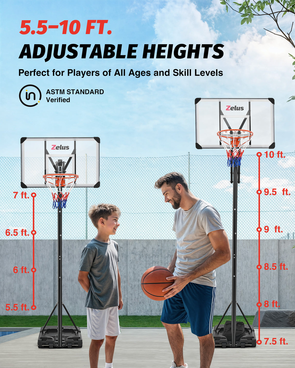 4.9 to 10 ft Height Portable Basketball Hoop System with 18 in Standard Hoop