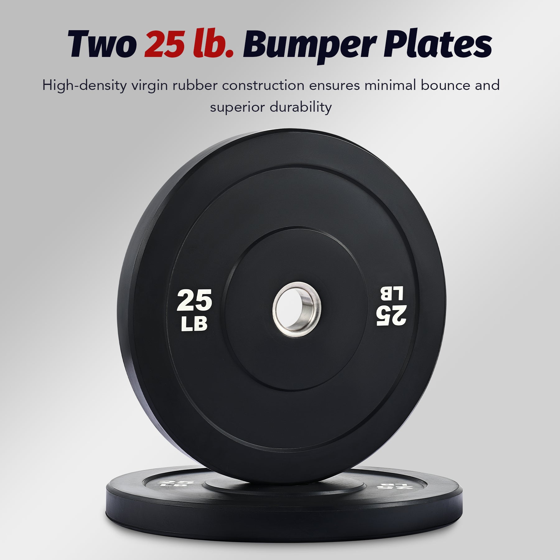Two black weight plates with '25 LB' marking on a white background
