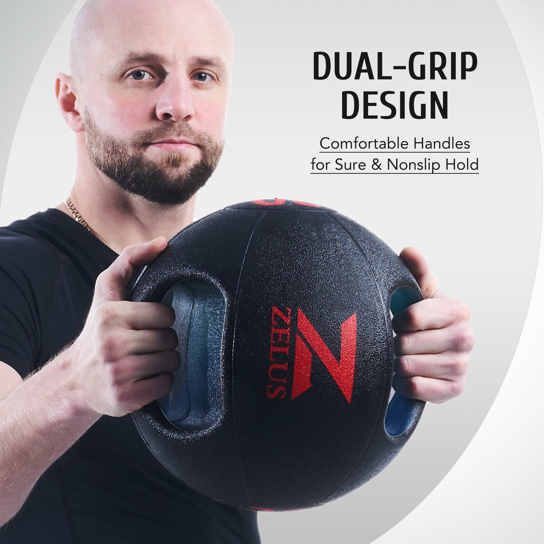 Black ZELUS double-handle medicine ball with red branding