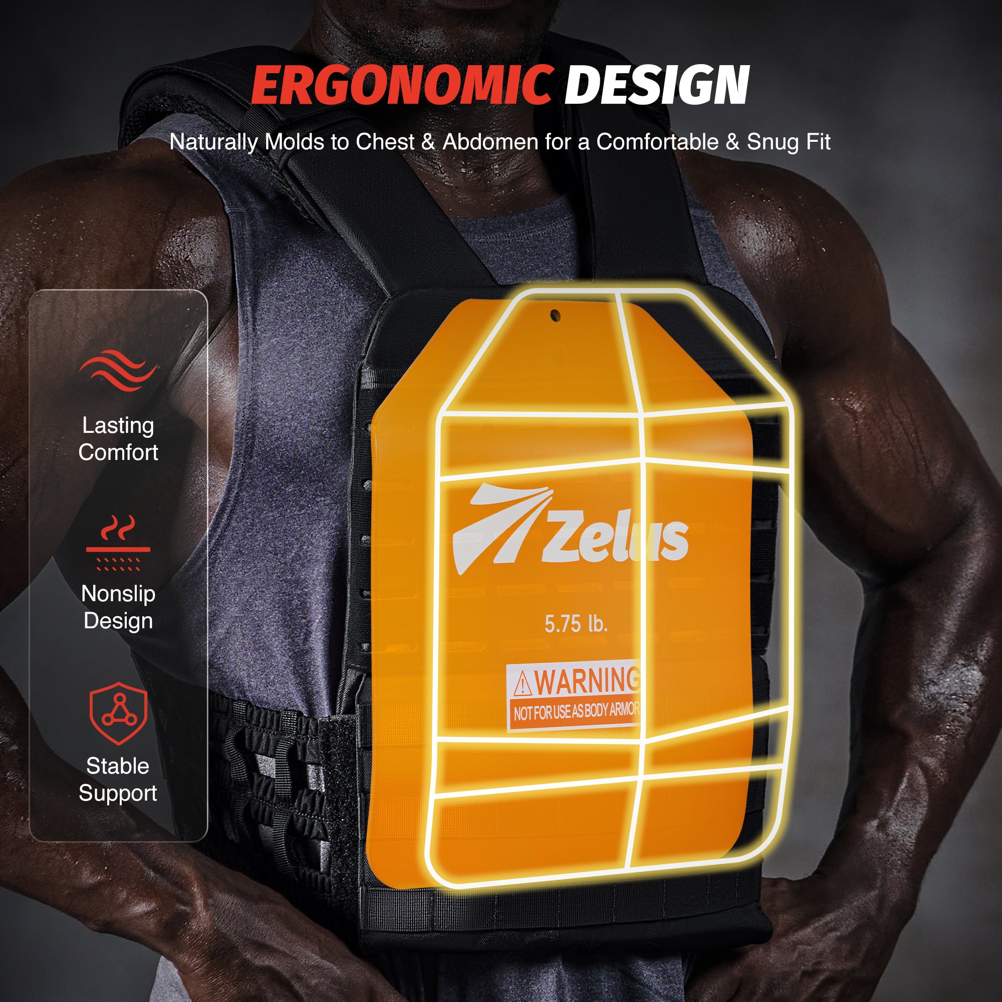 Zelus tactical vest with ergonomic design features on a dark background