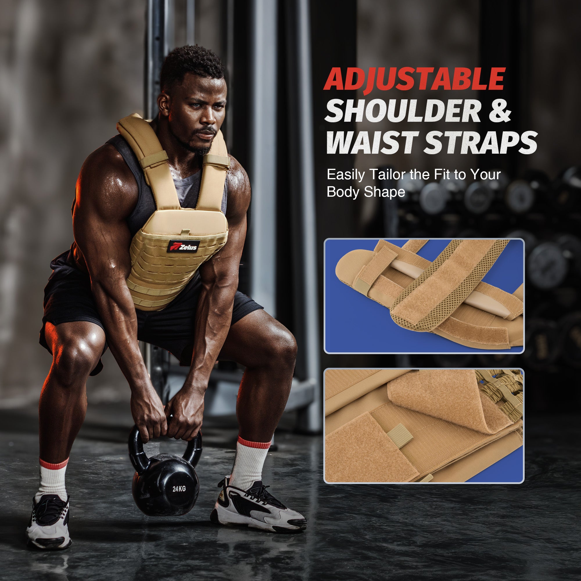 Man lifting weights with a beige weight vest, highlighting adjustable shoulder and waist straps.