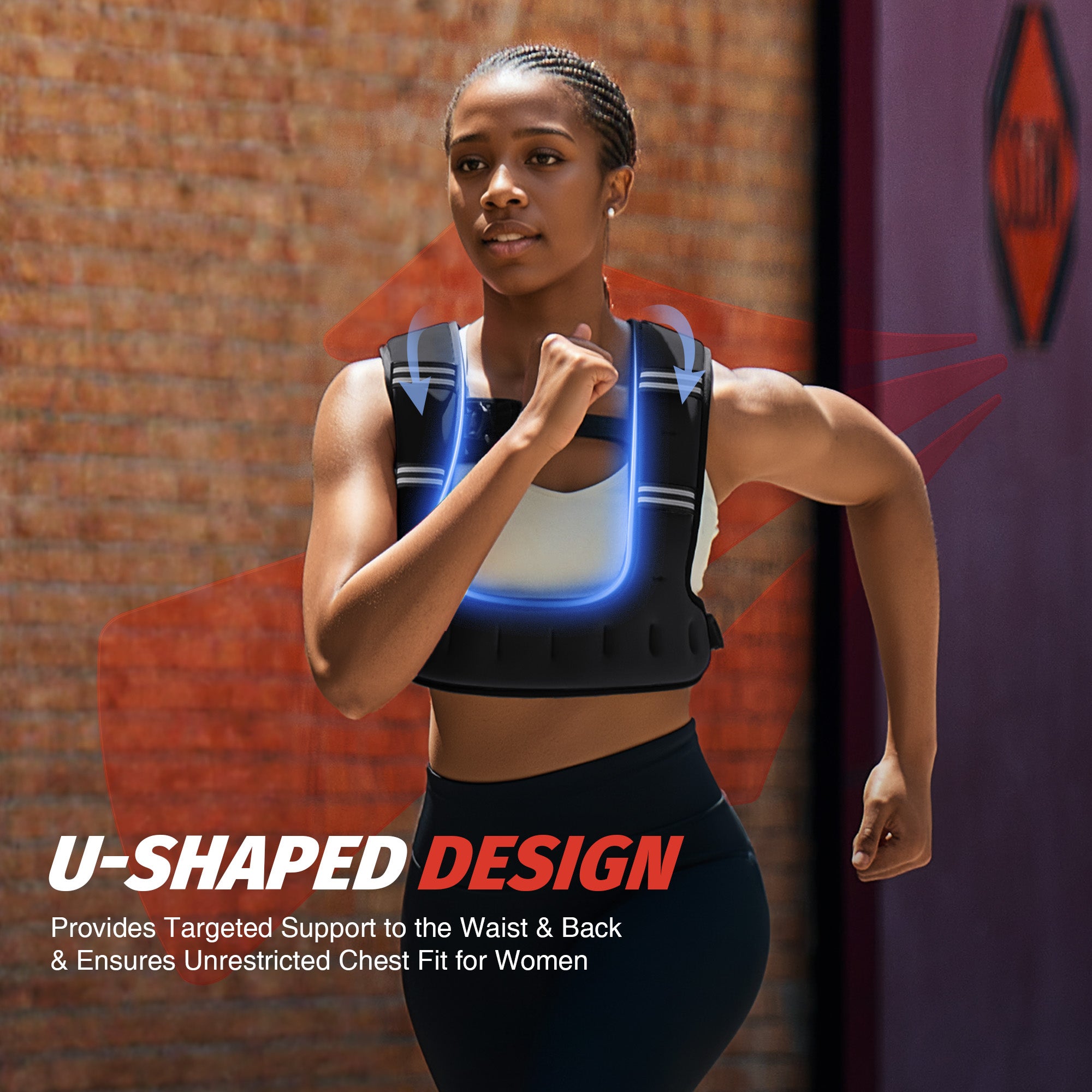 Woman wearing a sports bra with U-shaped design against a brick wall.