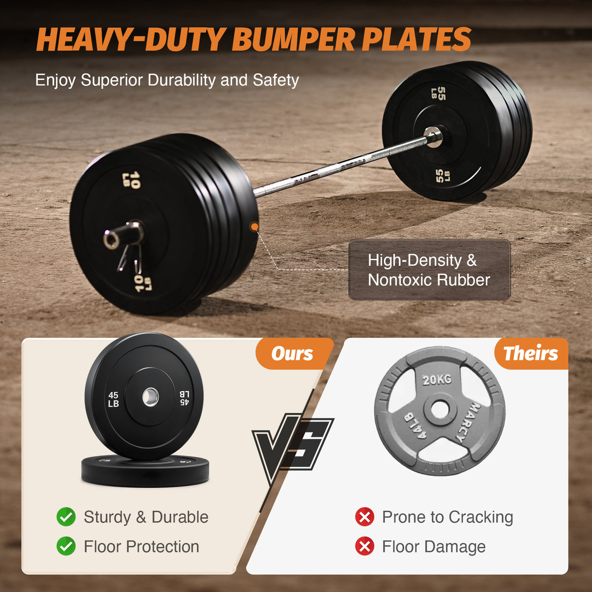 Bumper Plate Set, Olympic Weight Plates, Rubber Barbell Plates with Stainless Steel Inserts