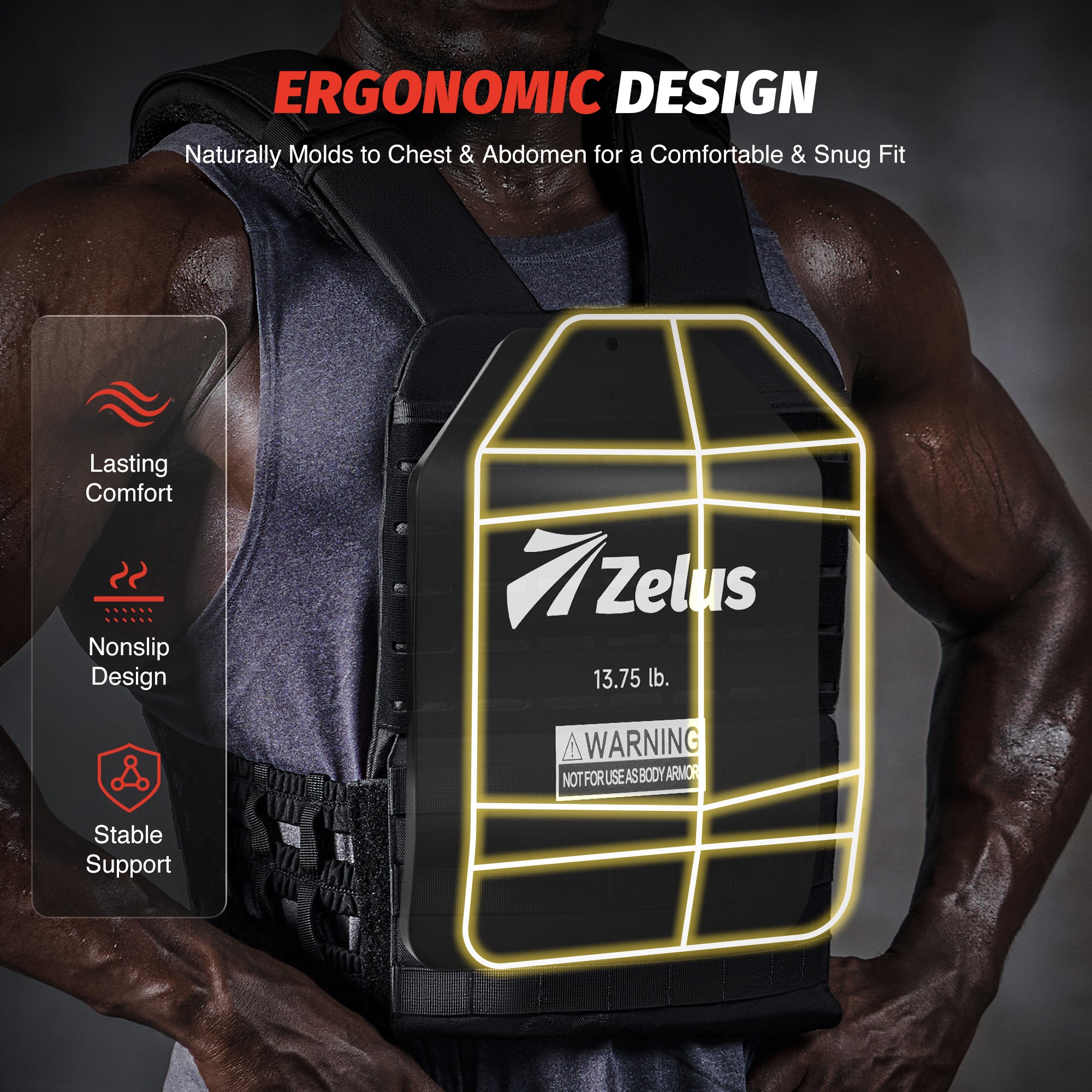 Zelus weight vest with ergonomic design features on a dark background