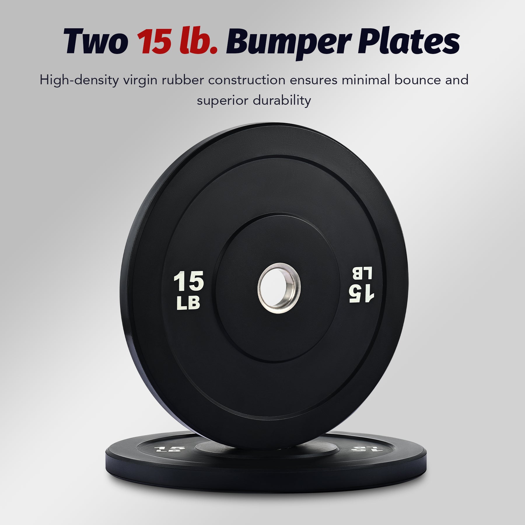 Two black weight plates with '15 LB' marking on a white background