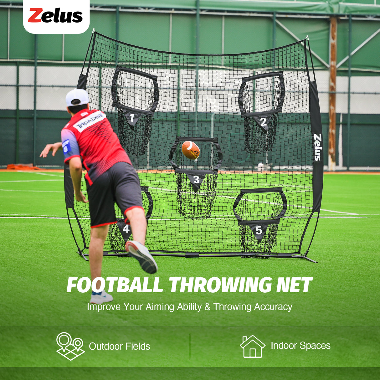 Football Throwing Net, Quarterback Training Equipment with 5 Target Pockets Black