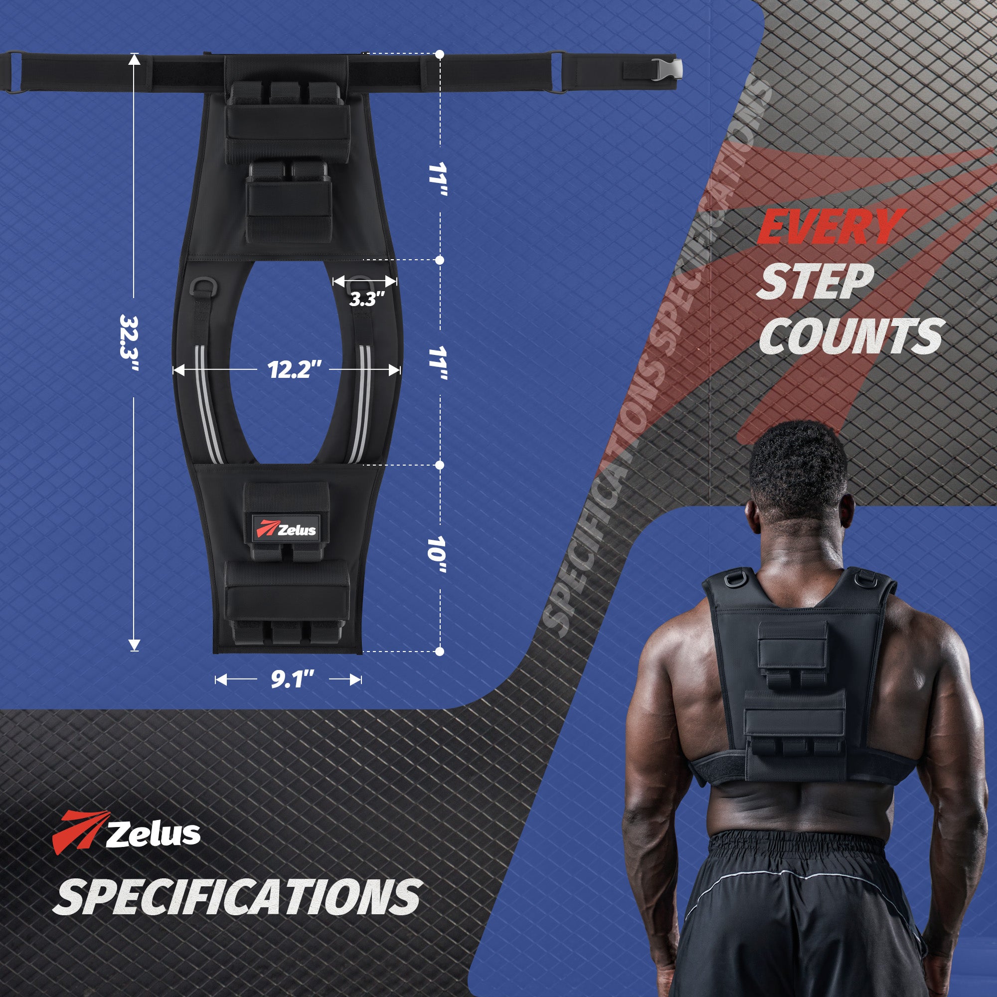 Black fitness vest with measurements and Zelus branding on a blue background