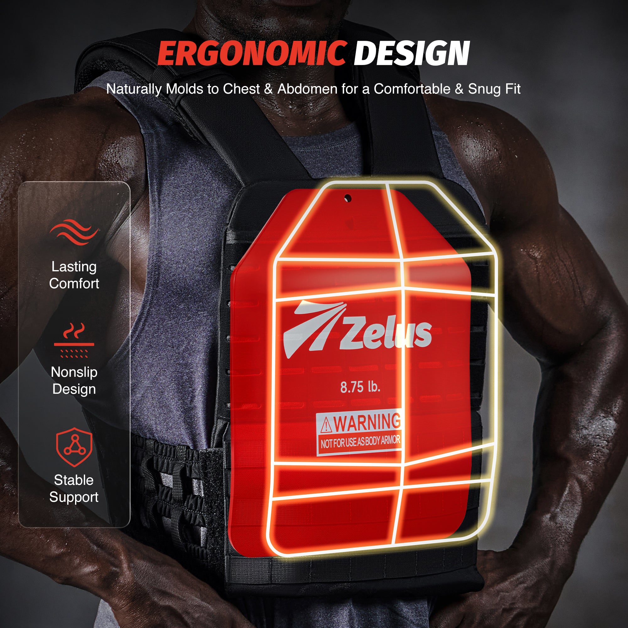 Red Zelus weight vest with ergonomic design features on a dark background