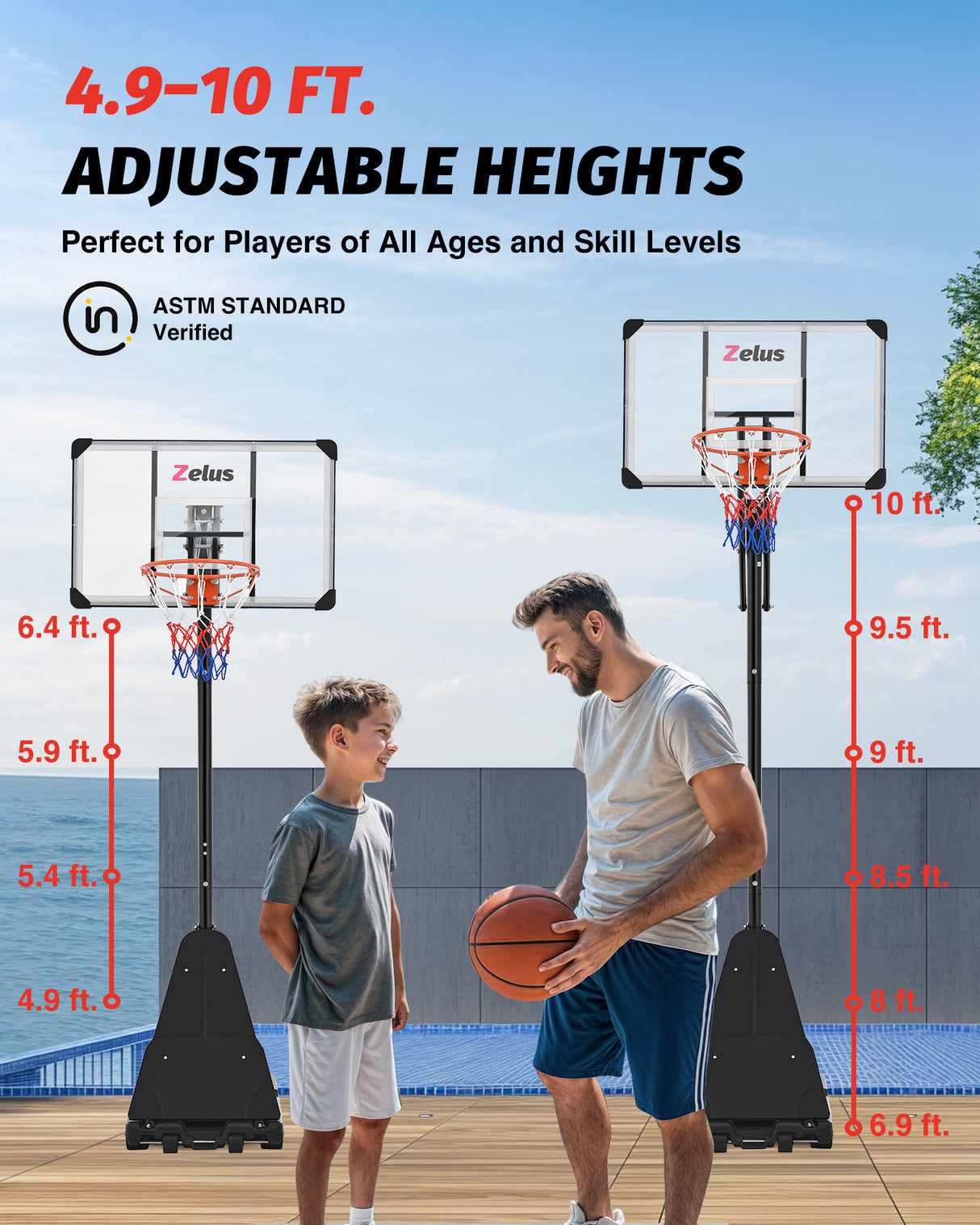 5.5 to 10 ft Height Portable Basketball Hoop System with 18 in Standard Hoop