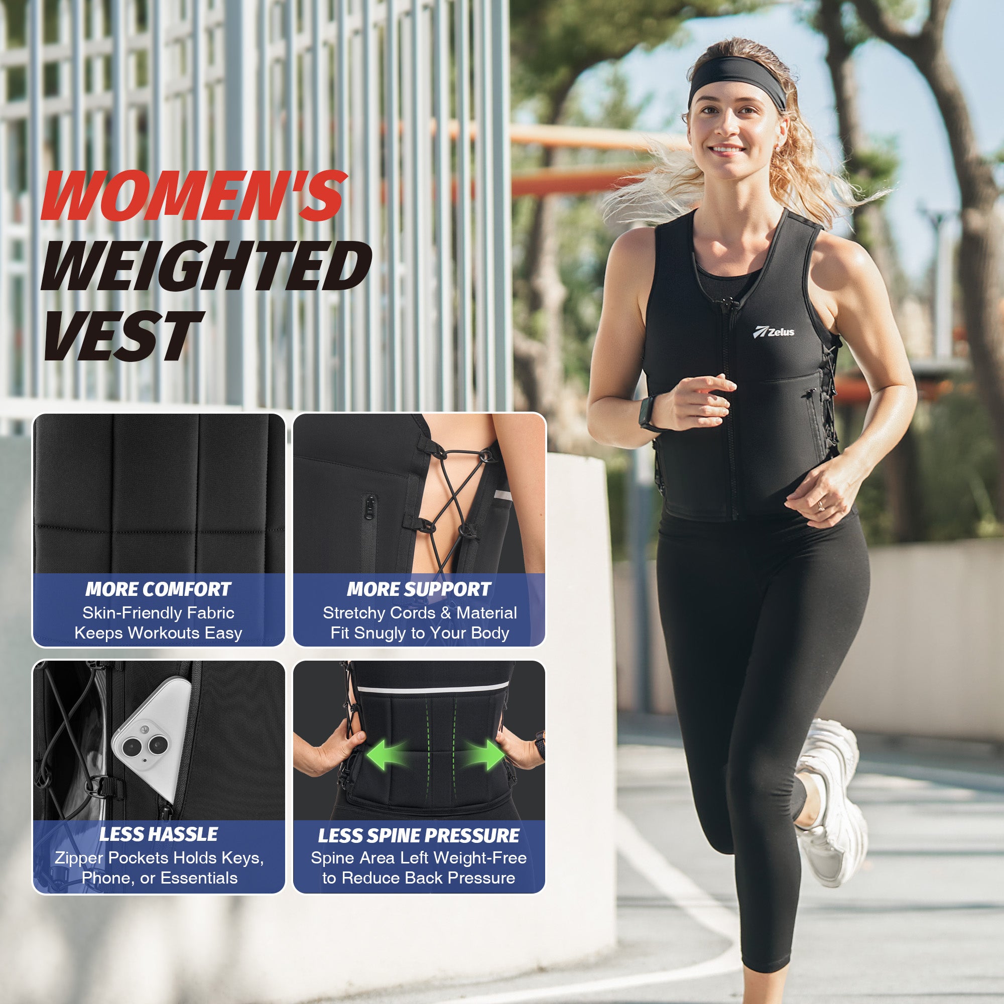 Woman wearing a women's weighted vest with features highlighted on the left side.