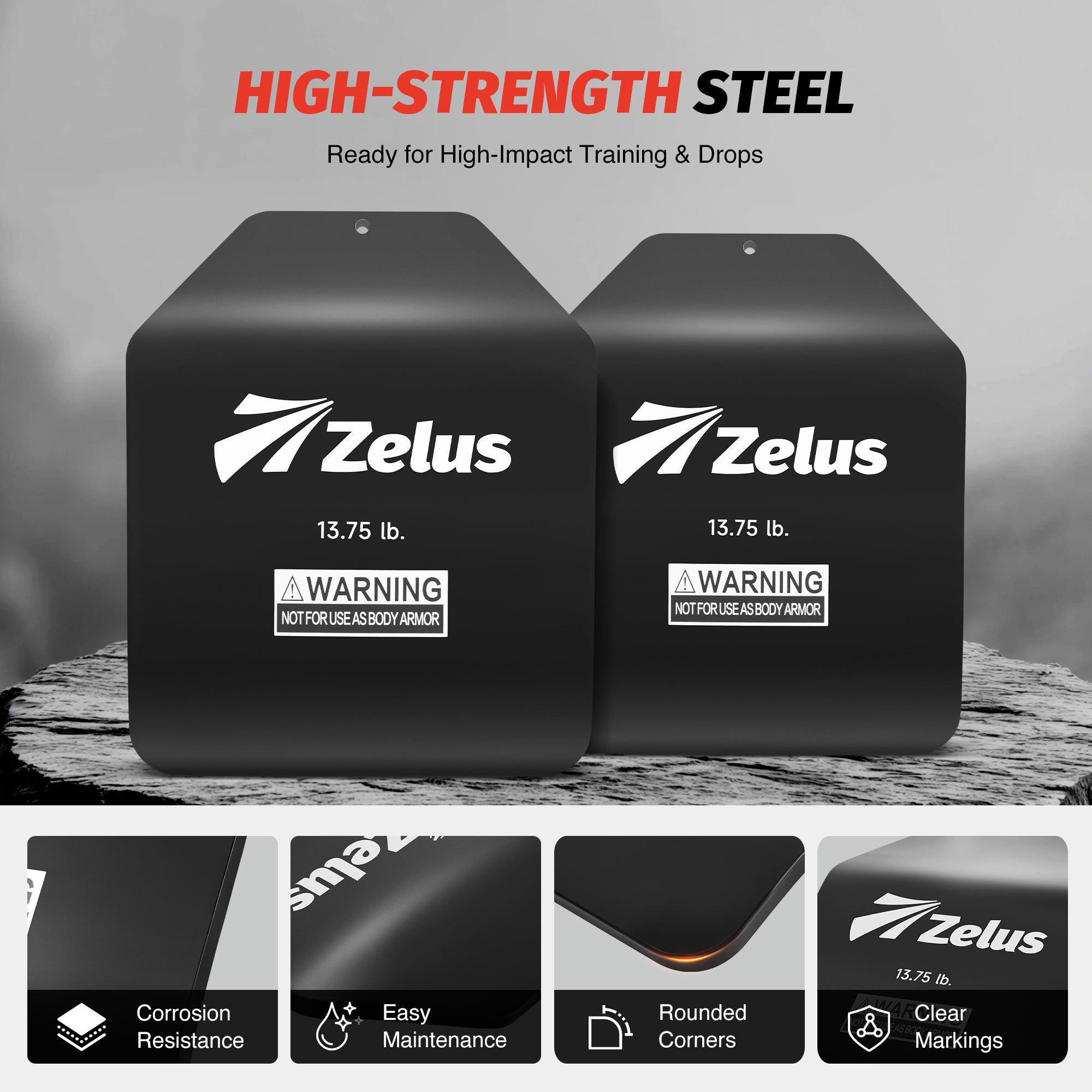 Two black Zelus weight blocks on a wooden surface with product features displayed below.